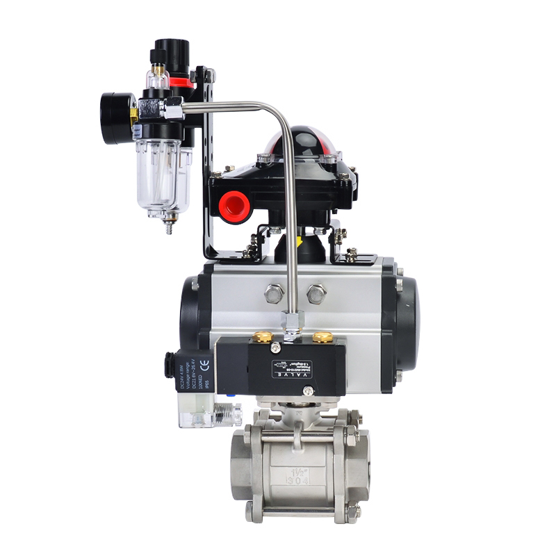 Pneumatic actuator with a triple piece set and a three-piece ball valve